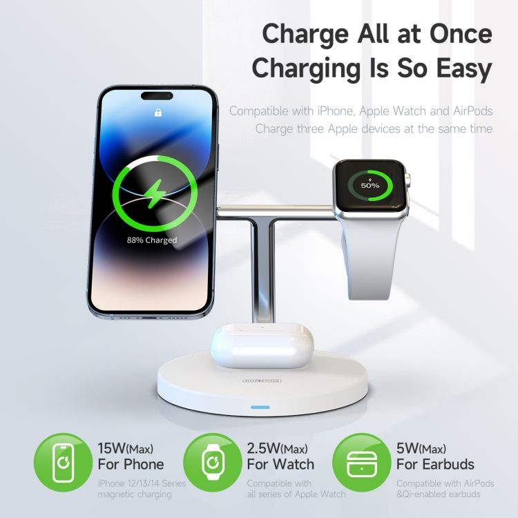 3-in-1 Wireless Charger, Compatible With Apple MagSafe, Earbuds, And Smartwatch, Fast Charging