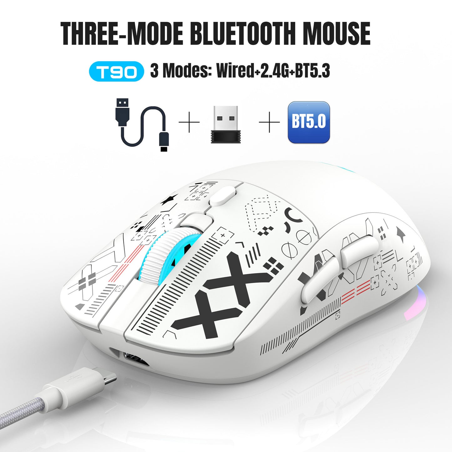 Three-Mode Silent Wireless Mouse, 2.4G/Wired/BT5.3, Water Transfer Printing, 3600DPI, Rechargeable Gaming Mouse