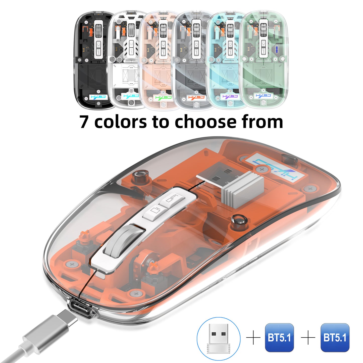 Tri-Mode Transparent Wireless Mouse, 2.4G/Bluetooth 5.1, Silent, Rechargeable