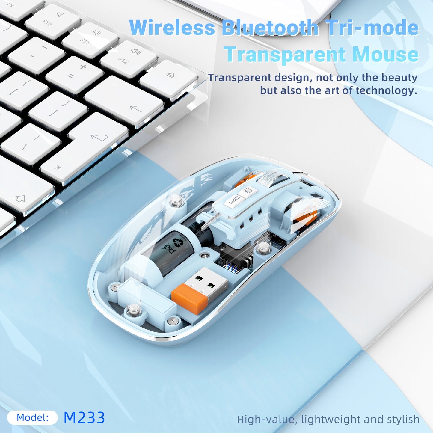 Tri-mode Transparent Mouse, 2.4G Wireless & BT5.1, Rechargeable with 500mAh Lithium Battery, Silent Design