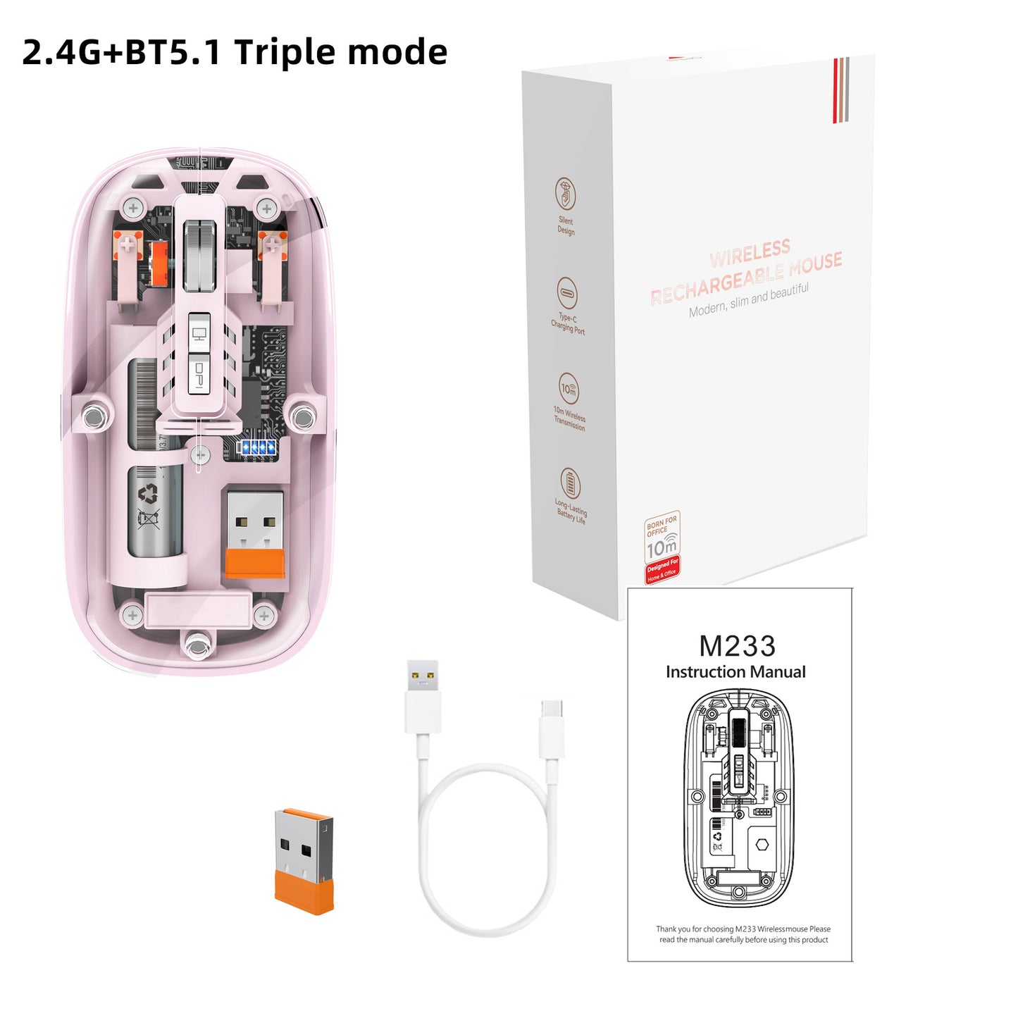 Tri-mode Transparent Mouse, 2.4G Wireless & BT5.1, Rechargeable with 500mAh Lithium Battery, Silent Design