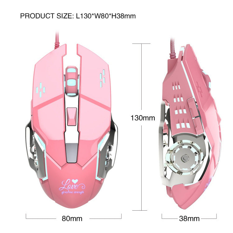 Cute Pink ABS Material Mouse With Metal Base, 6D, 1.5M Braided Cable