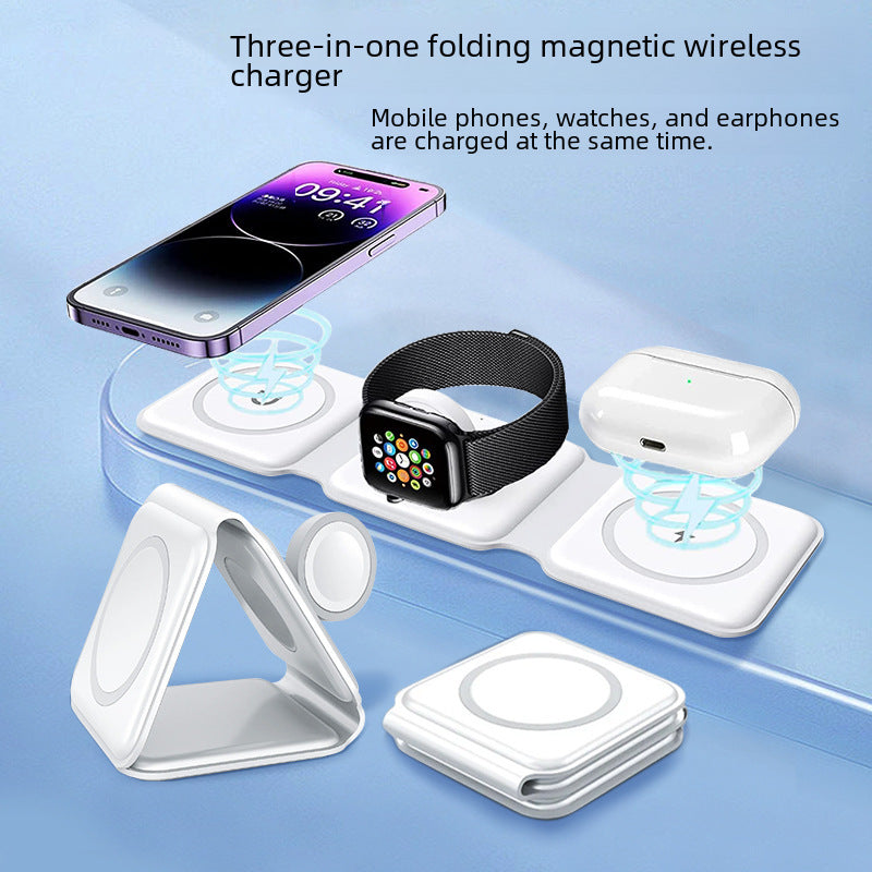 3-in-1 Folding Magnetic Wireless Charger, 15W Fast Charging Stand For Apple Phones, Headphones, And Watches