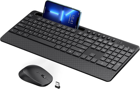 CS7300G 2.4G Wireless Keyboard And Mouse Set, Ergonomic Design With Built-In Phone Holder