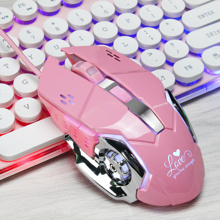 Cute Pink ABS Material Mouse With Metal Base, 6D, 1.5M Braided Cable