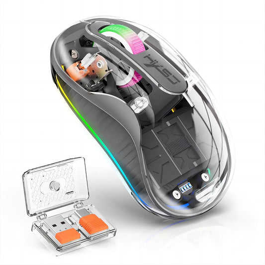 Transparent Tri-Mode Wireless Mouse, 2.4G & BT5.1, Silent, RGB Backlit, 2400 DPI Gaming Mouse