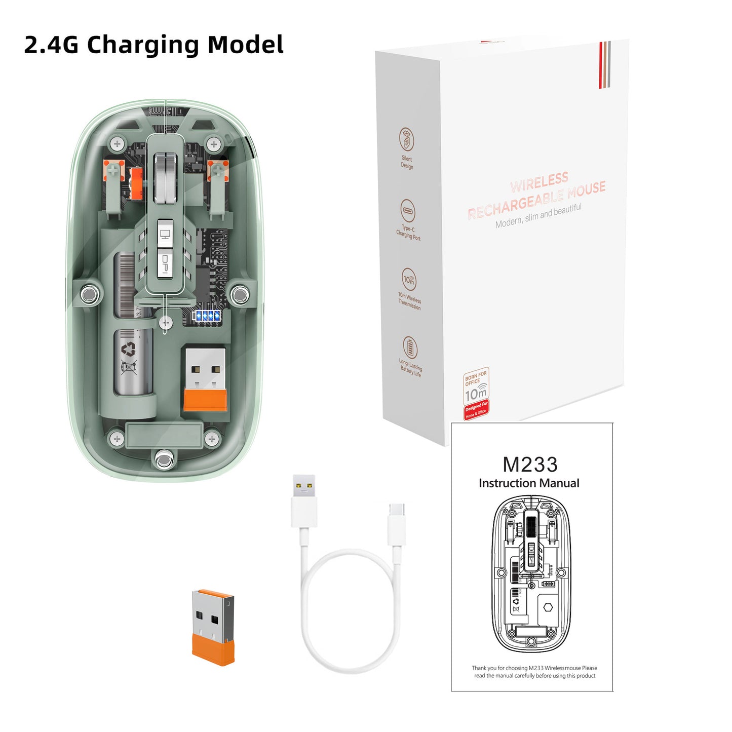 Tri-mode Transparent Mouse, 2.4G Wireless & BT5.1, Rechargeable with 500mAh Lithium Battery, Silent Design