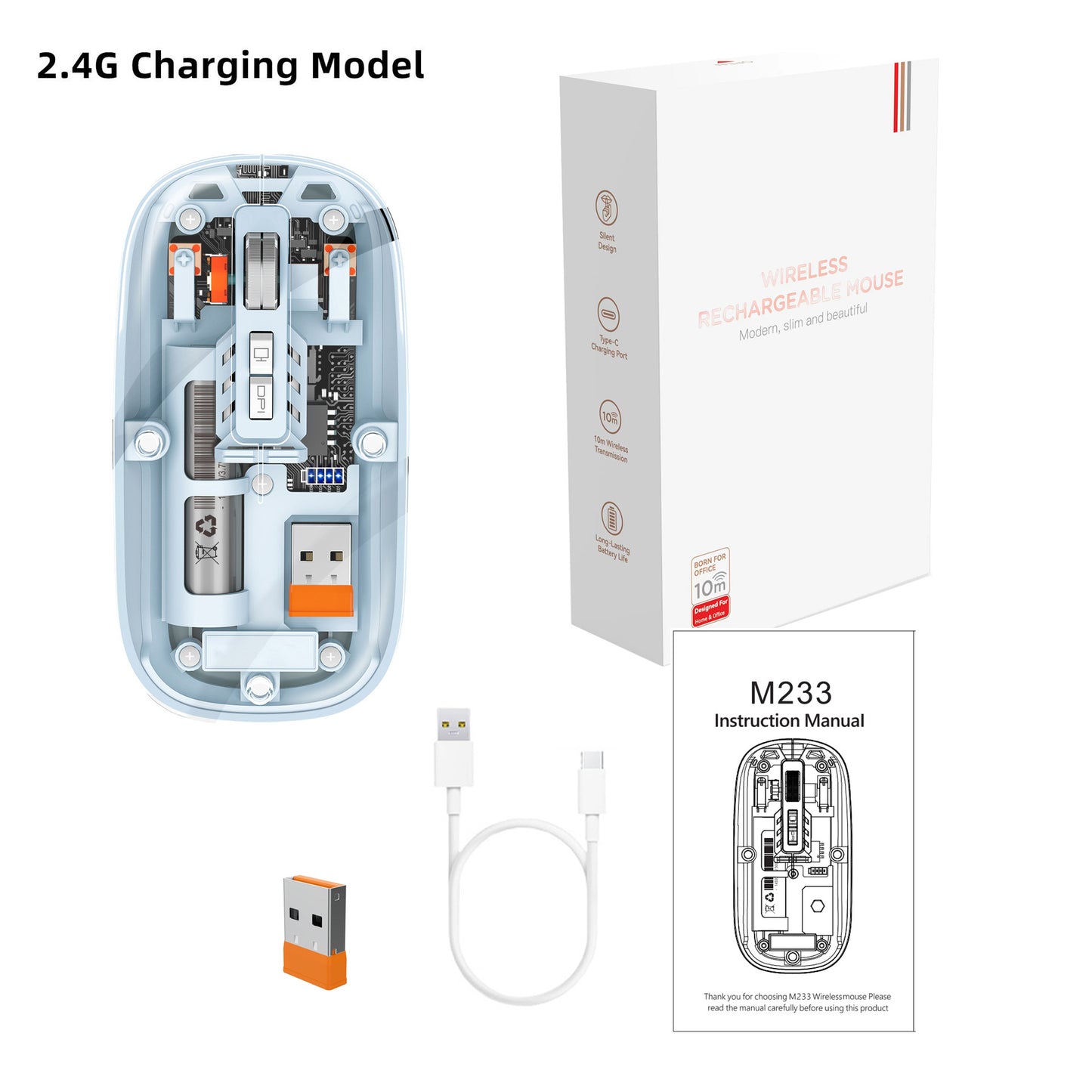 Tri-mode Transparent Mouse, 2.4G Wireless & BT5.1, Rechargeable with 500mAh Lithium Battery, Silent Design