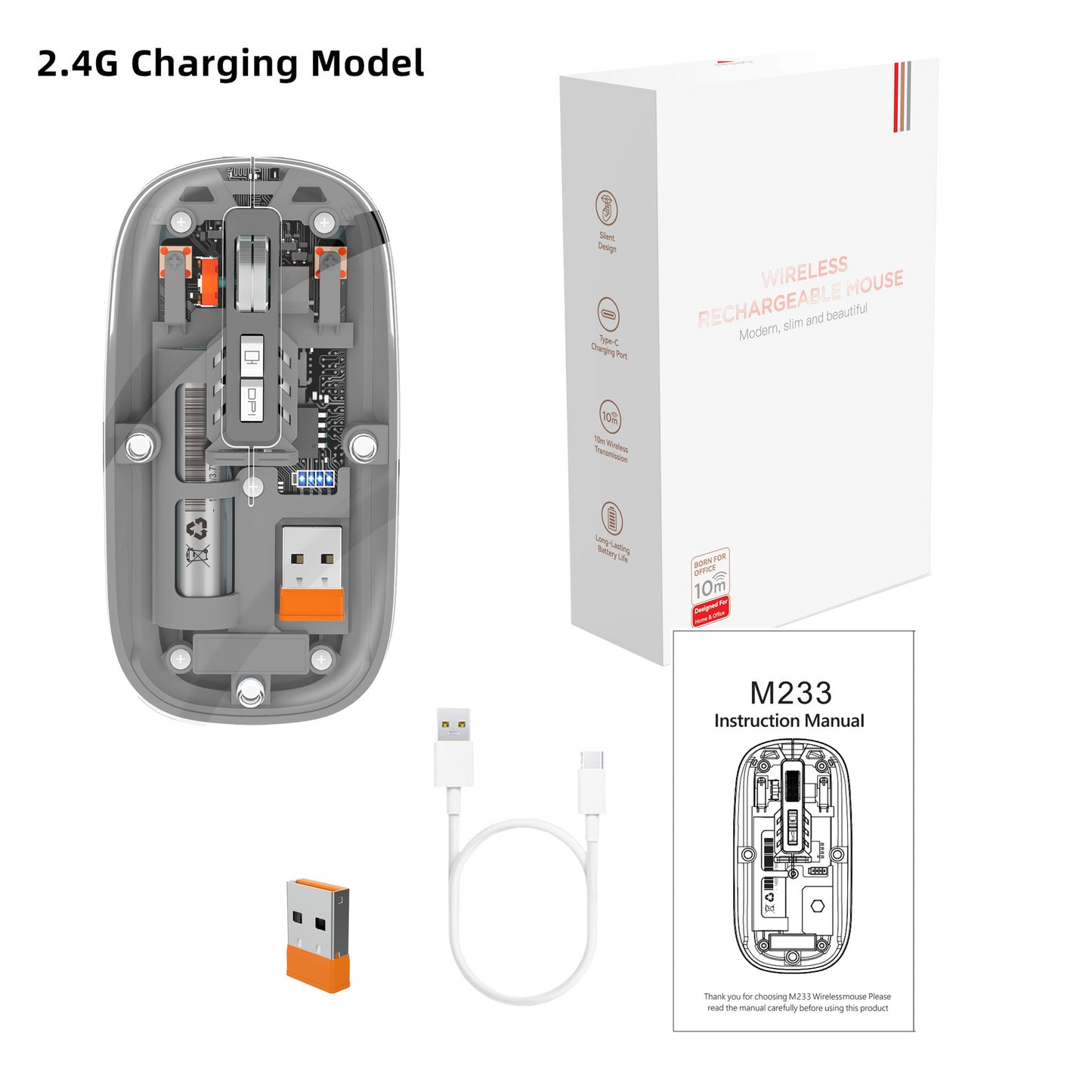 Tri-mode Transparent Mouse, 2.4G Wireless & BT5.1, Rechargeable with 500mAh Lithium Battery, Silent Design