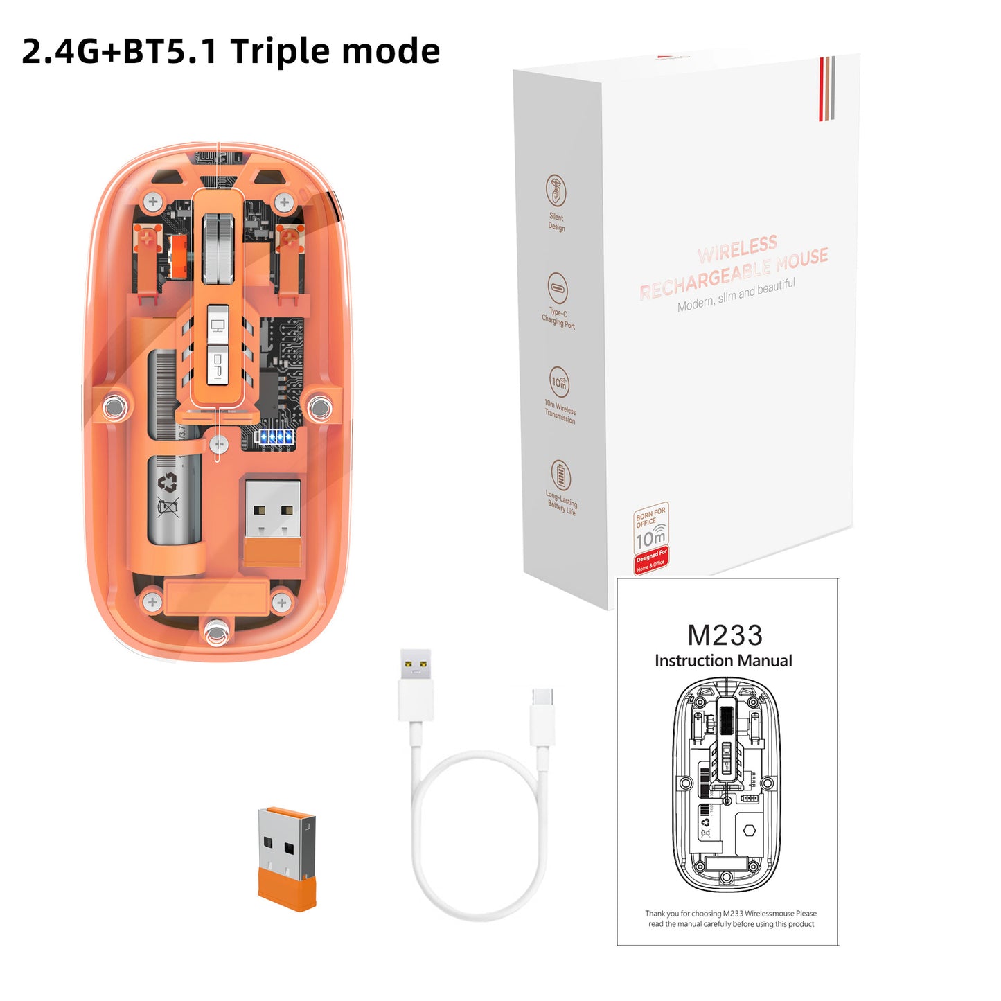 Tri-mode Transparent Mouse, 2.4G Wireless & BT5.1, Rechargeable with 500mAh Lithium Battery, Silent Design