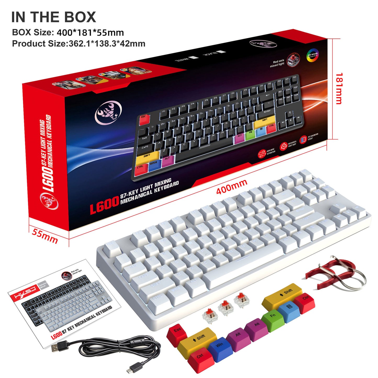 87-Key Wired Mechanical Keyboard, Red Switches, E-Sports And Office Use, Hot-Swappable, 20+ White Lighting Modes