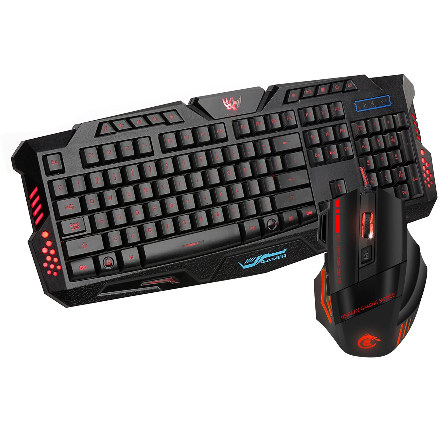 J20 LED Mouse and Keyboard Set, 3200 DPI Wired Gaming Mouse, Wired Three-Color Backlit Keyboard