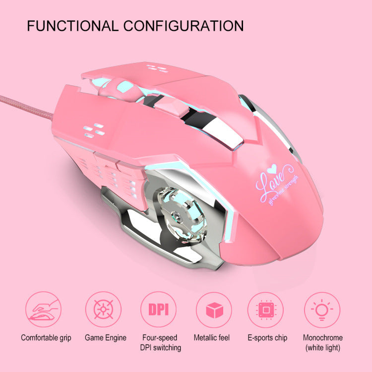 Cute Pink ABS Material Mouse With Metal Base, 6D, 1.5M Braided Cable