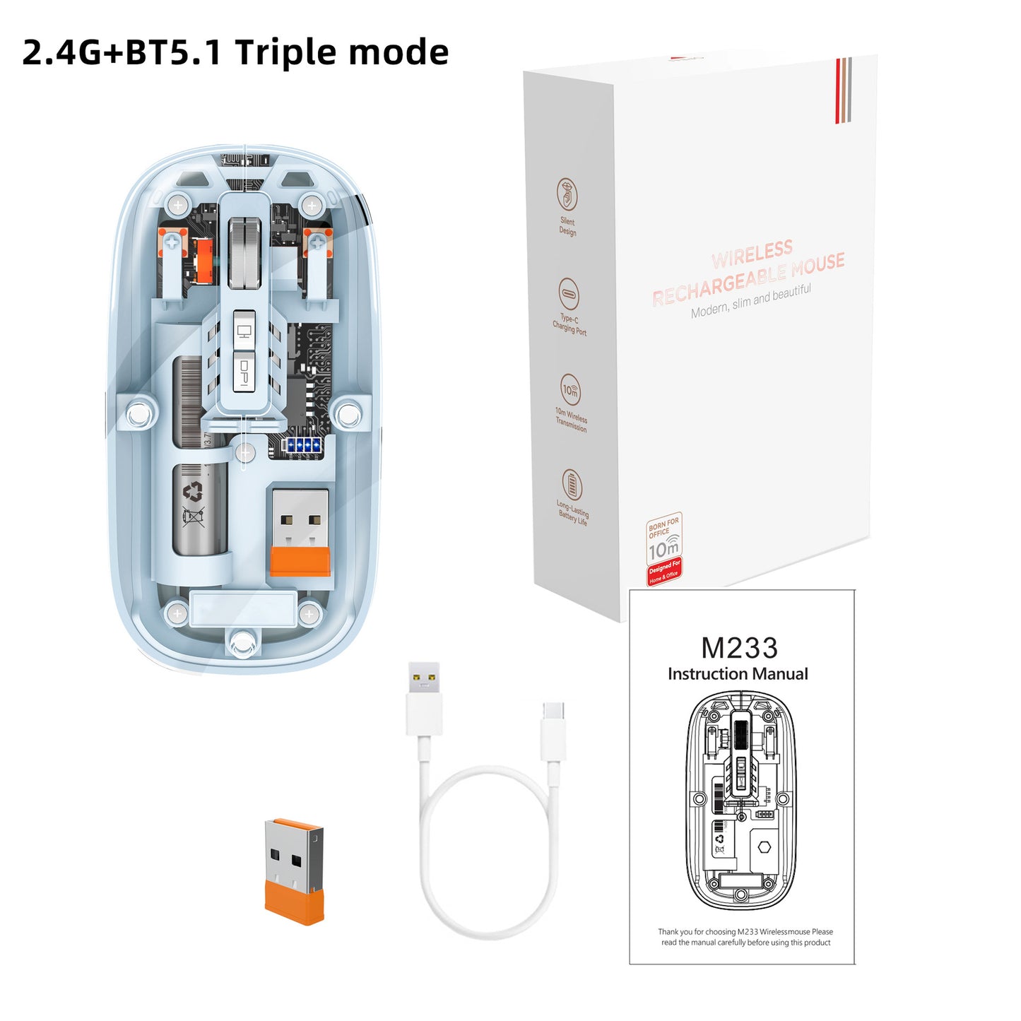 Tri-mode Transparent Mouse, 2.4G Wireless & BT5.1, Rechargeable with 500mAh Lithium Battery, Silent Design