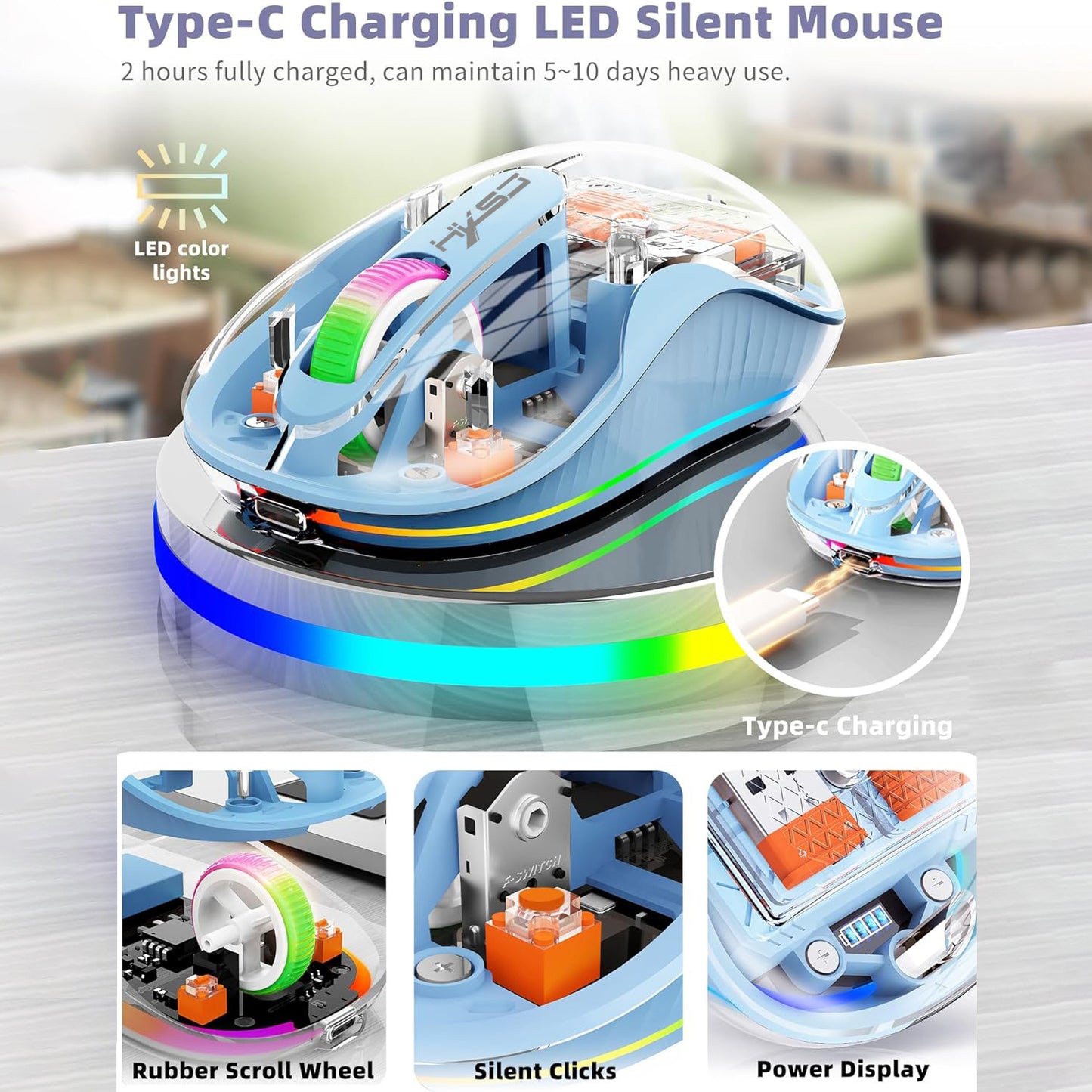 Transparent Tri-Mode Wireless Mouse, 2.4G & BT5.1, Silent, RGB Backlit, 2400 DPI Gaming Mouse