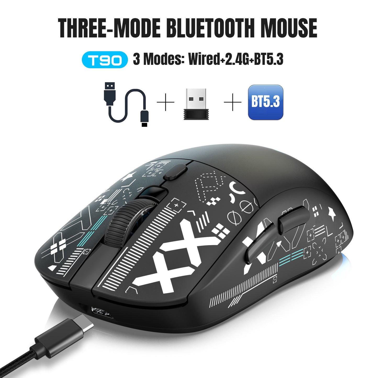 Three-Mode Silent Wireless Mouse, 2.4G/Wired/BT5.3, Water Transfer Printing, 3600DPI, Rechargeable Gaming Mouse