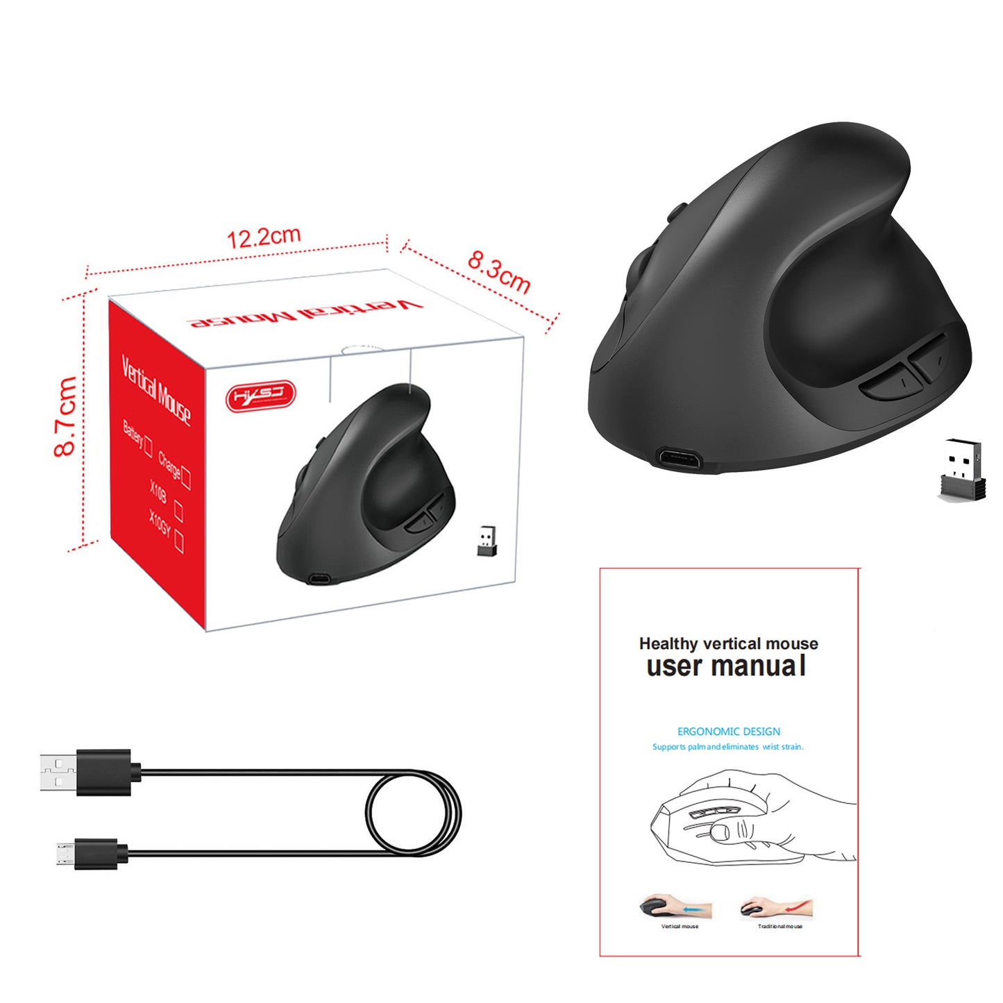 Silent 2.4G Wireless Vertical Mouse, Rechargeable 600mAh, Ergonomic Design