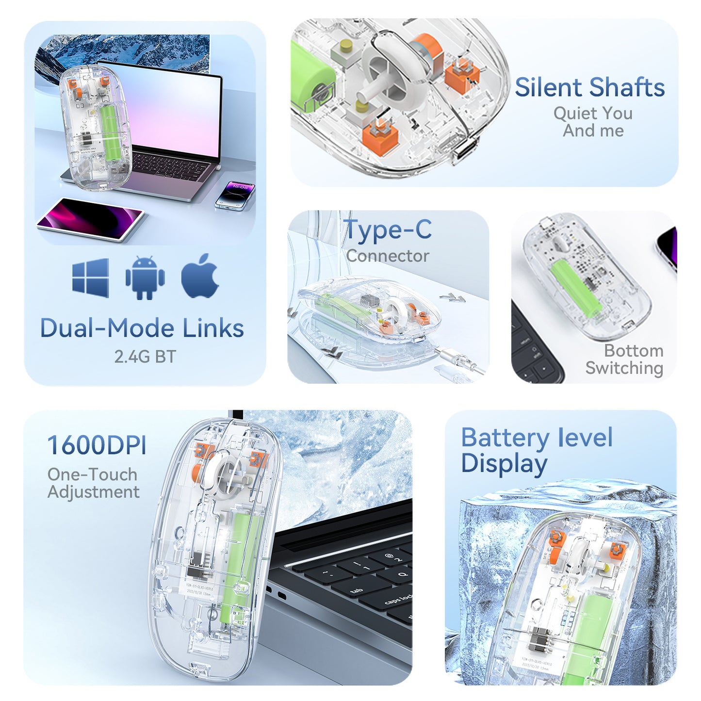 Transparent M80 Dual-Mode Wireless Mouse, Silent Design