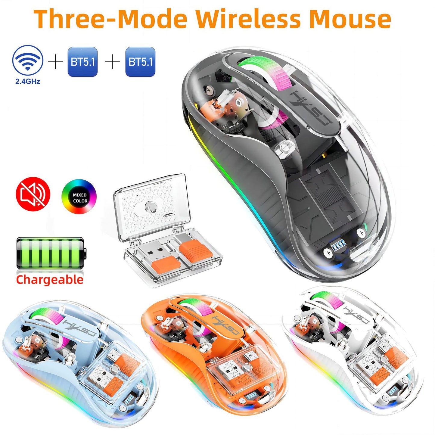 Transparent Tri-Mode Wireless Mouse, 2.4G & BT5.1, Silent, RGB Backlit, 2400 DPI Gaming Mouse