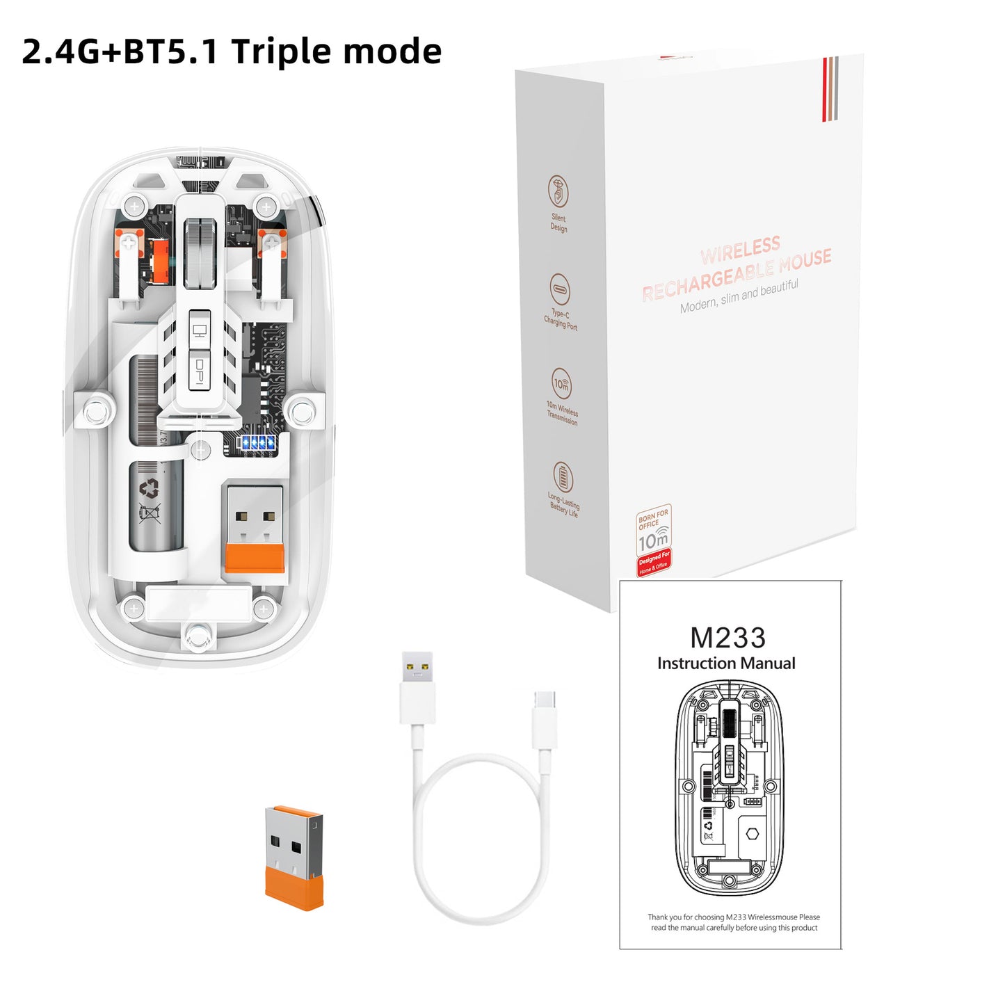 Tri-mode Transparent Mouse, 2.4G Wireless & BT5.1, Rechargeable with 500mAh Lithium Battery, Silent Design