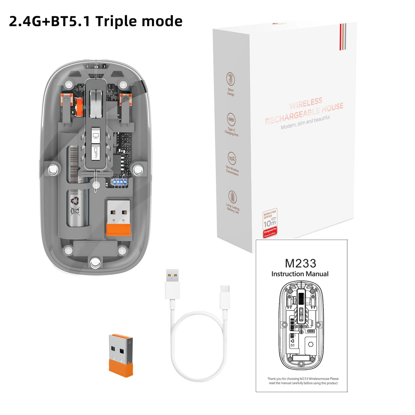 Tri-mode Transparent Mouse, 2.4G Wireless & BT5.1, Rechargeable with 500mAh Lithium Battery, Silent Design