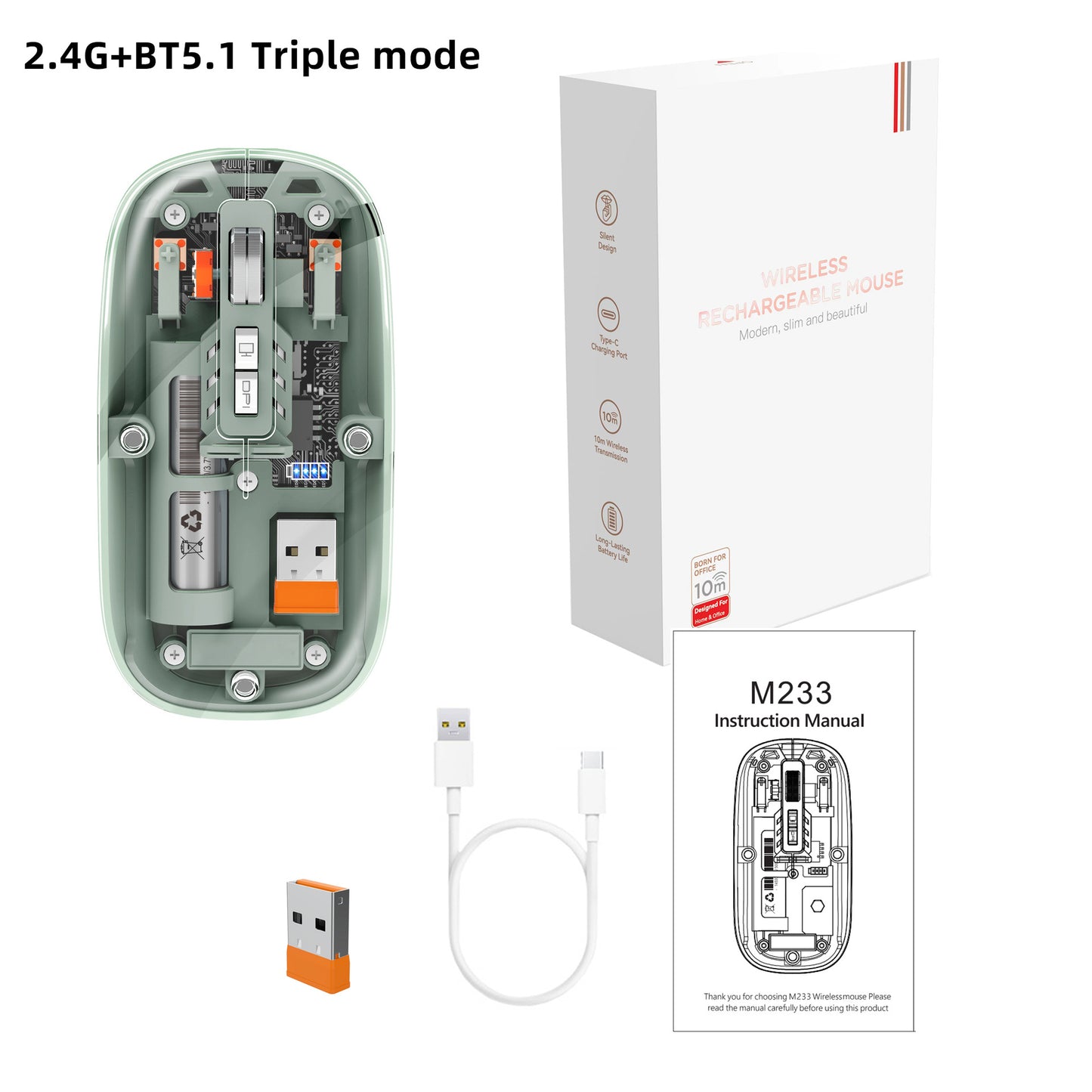 Tri-mode Transparent Mouse, 2.4G Wireless & BT5.1, Rechargeable with 500mAh Lithium Battery, Silent Design