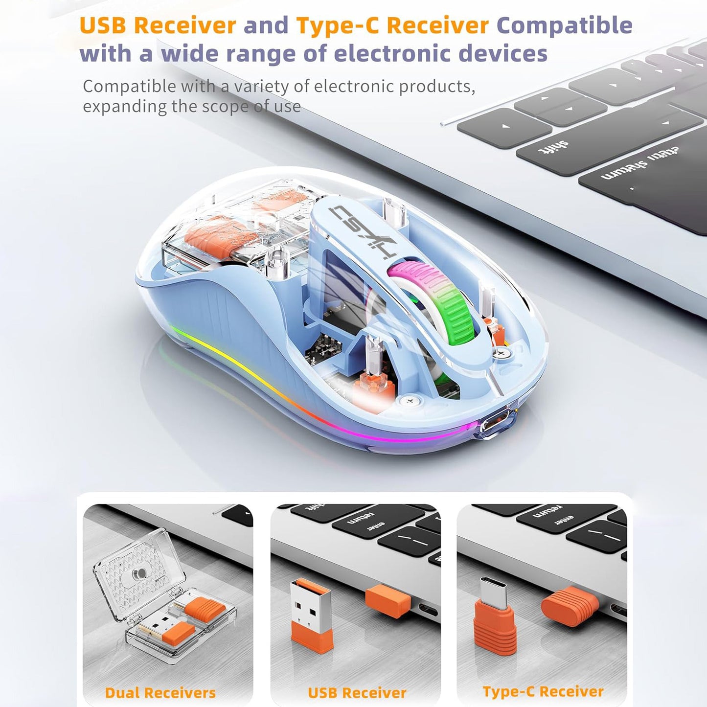 Transparent Tri-Mode Wireless Mouse, 2.4G & BT5.1, Silent, RGB Backlit, 2400 DPI Gaming Mouse