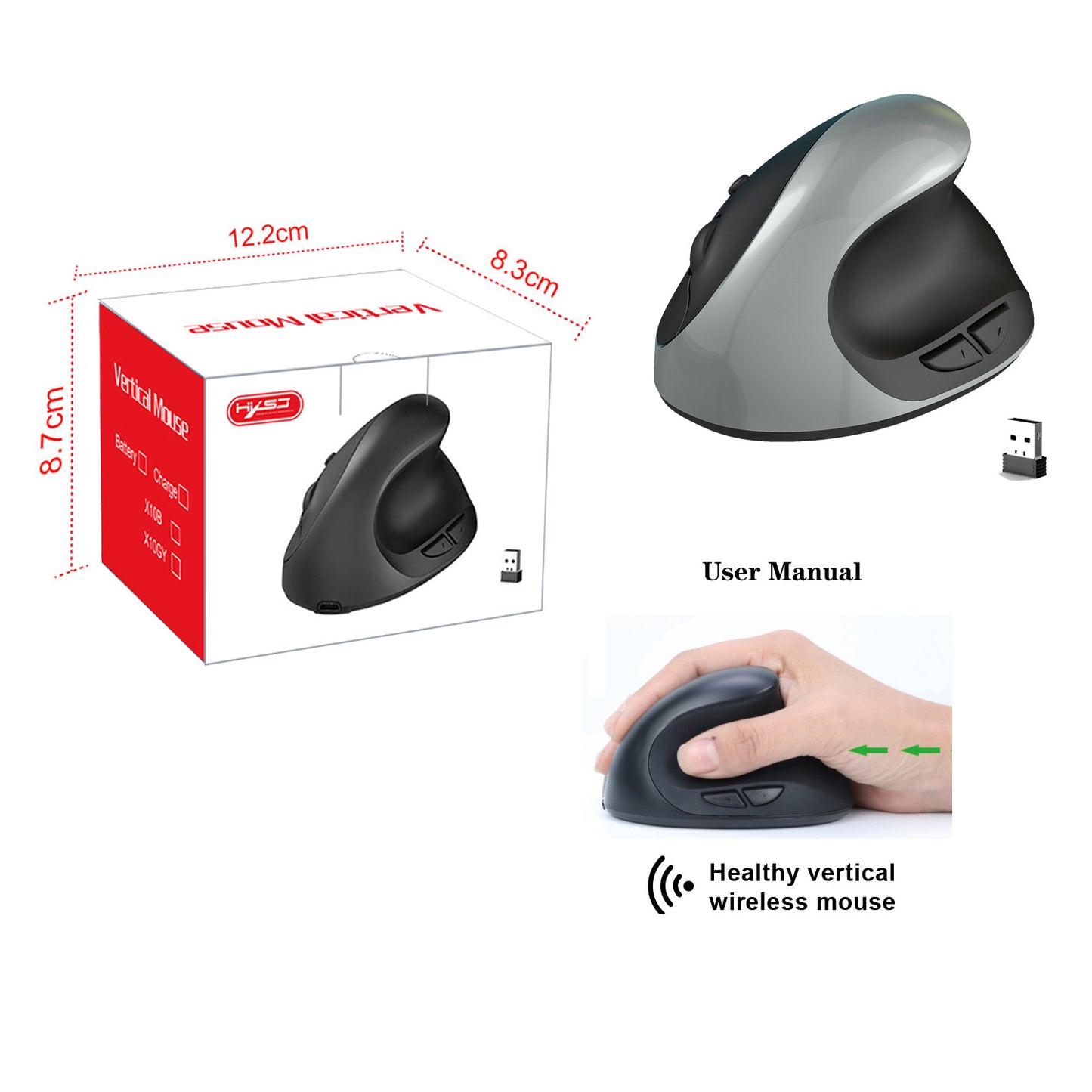 Silent 2.4G Wireless Vertical Mouse, Rechargeable 600mAh, Ergonomic Design