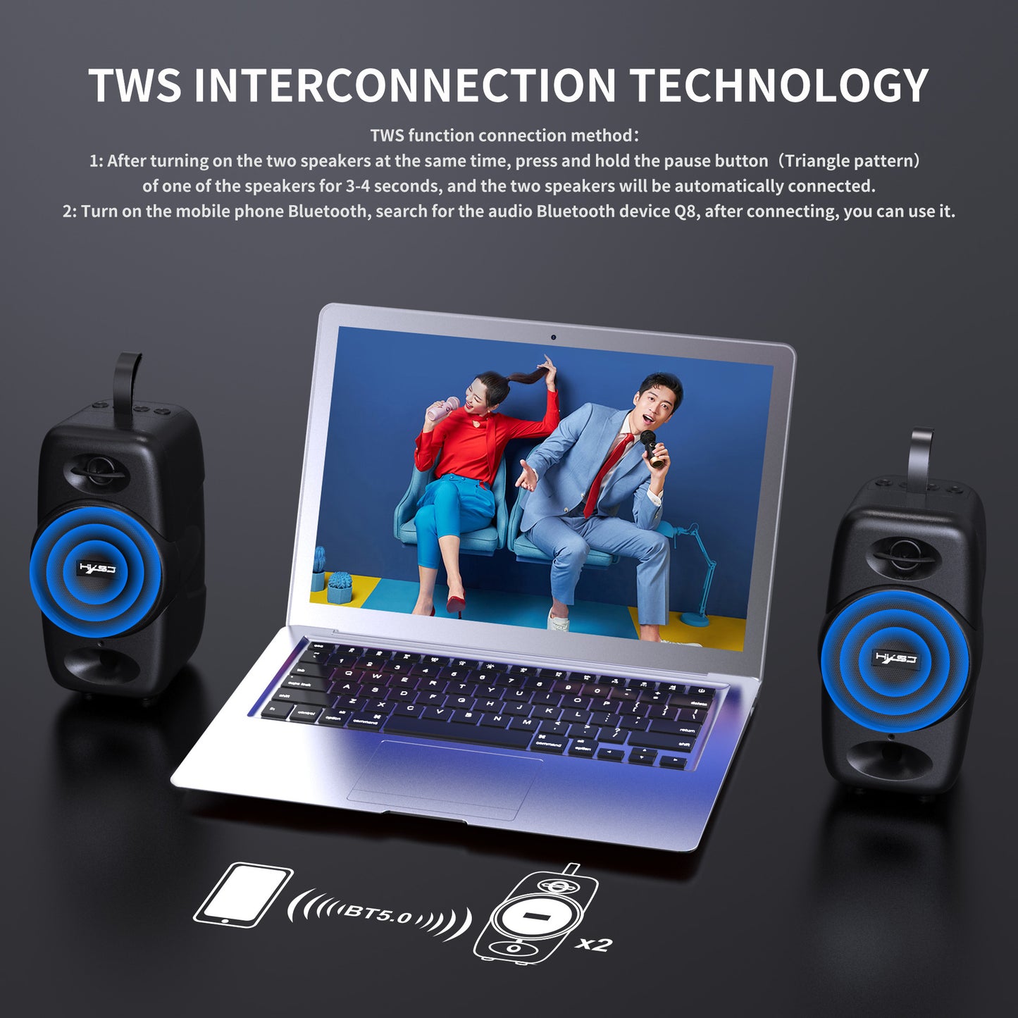 Q8 Bluetooth 5.0 Portable Speaker, Desktop Wireless with Subwoofer, 2000mAh, TWS Support