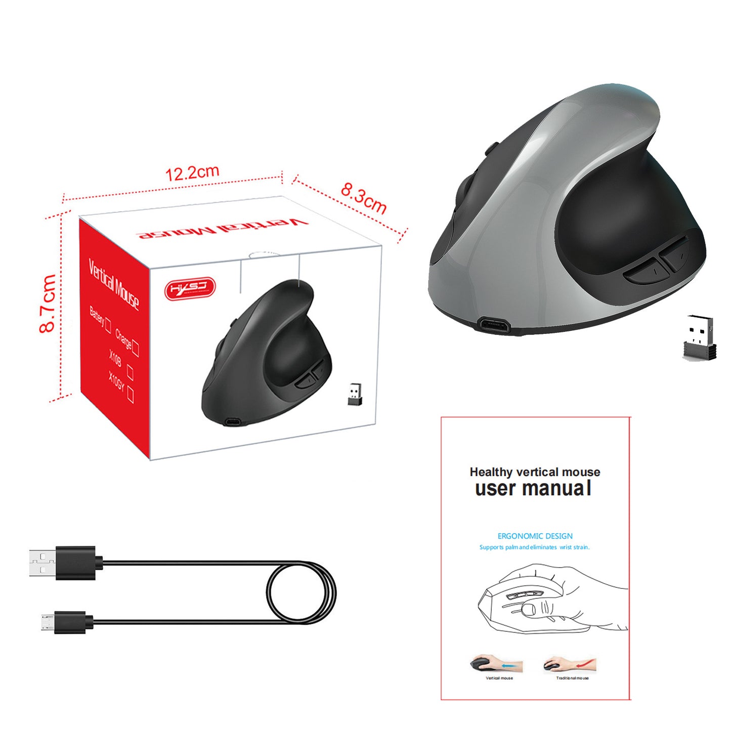 Silent 2.4G Wireless Vertical Mouse, Rechargeable 600mAh, Ergonomic Design