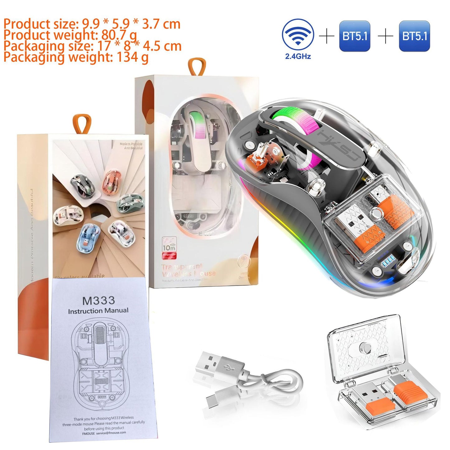 Transparent Tri-Mode Wireless Mouse, 2.4G & BT5.1, Silent, RGB Backlit, 2400 DPI Gaming Mouse