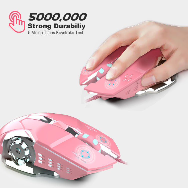 Cute Pink ABS Material Mouse With Metal Base, 6D, 1.5M Braided Cable