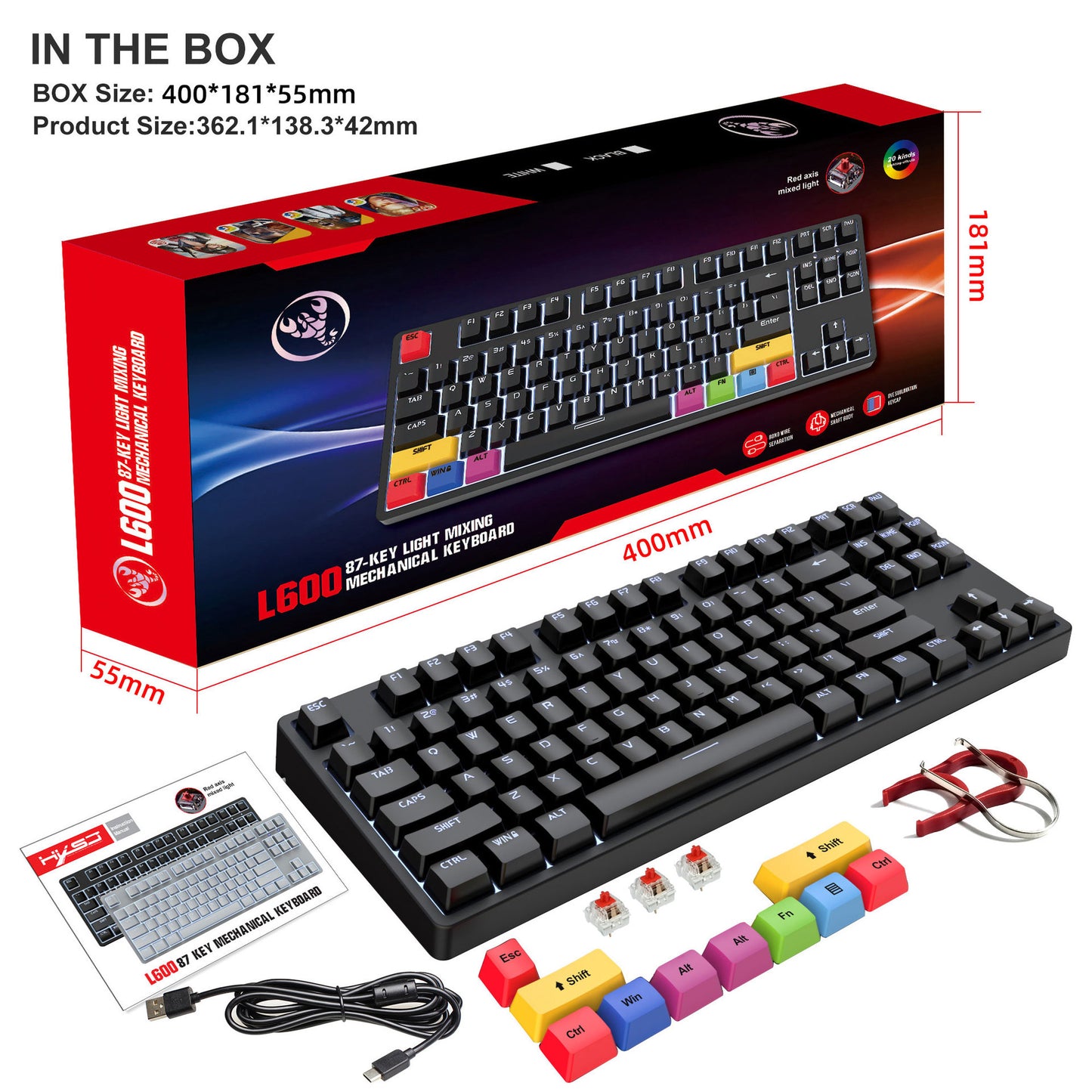 87-Key Wired Mechanical Keyboard, Red Switches, E-Sports And Office Use, Hot-Swappable, 20+ White Lighting Modes